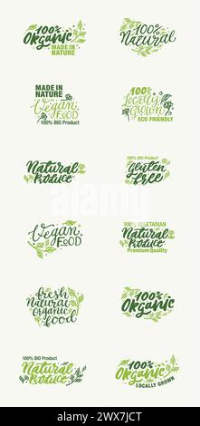 Bio-Produkt, hergestellt in der Natur und lokal angebaute vegane Logos und Elemente Sammlung für Lebensmittelmarkt, E-Commerce, Produktförderung, gesundes Leben Stock Vektor