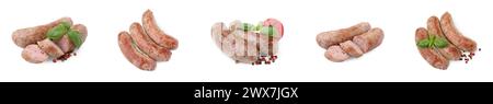 Leckere hausgemachte Würstchen isoliert auf weiß, Set Stockfoto