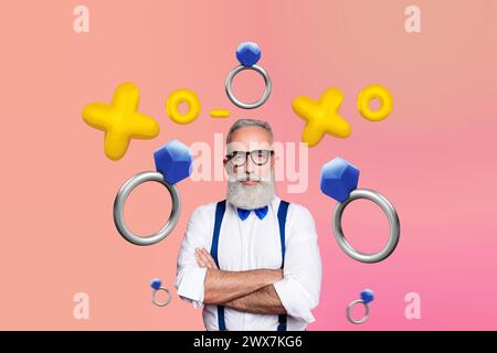 Kreative Fotocollage Senior Serious Gentleman formalwear Vintage Outfit Diamant Ring Schmuck valentinstag Geschenk Zeichnung Hintergrund Stockfoto