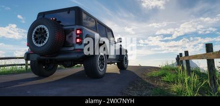 Ford Bronco Raptor auf einer Straße mit felsiger Berglandschaft im Hintergrund. 3D-Rendering Stockfoto