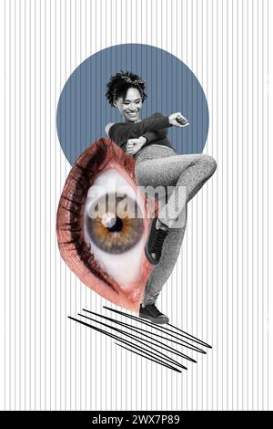 Foto-Collage-Artwork minimales Bild einer Dame mit großem Auge, die die Dame tanzt, isolierter grafischer Hintergrund Stockfoto