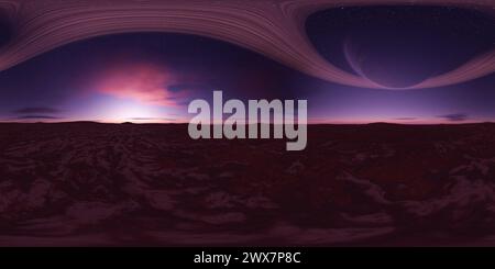 360-Ansicht der Sci-fi-fremden Planetenlandschaft. Sonnenuntergang oder Sonnenaufgang. Naturhintergrund Stockfoto