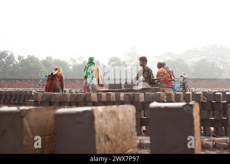 Ein Arbeiter trägt Ziegelsteine bei Maurer in Khulna, Bangladesch. Stockfoto