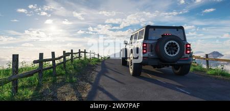 Ford Bronco Raptor auf einer Straße mit felsiger Berglandschaft im Hintergrund. 3D-Rendering Stockfoto