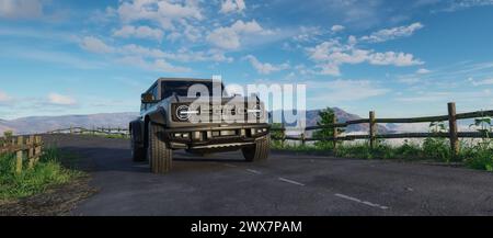 Ford Bronco Raptor auf einer Straße mit felsiger Berglandschaft im Hintergrund. 3D-Rendering Stockfoto