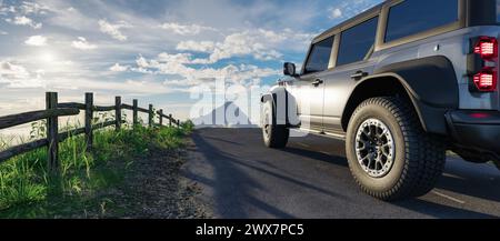 Ford Bronco Raptor auf einer Straße mit felsiger Berglandschaft im Hintergrund. 3D-Rendering Stockfoto