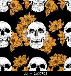 Nahtloses Vektor-Muster mit Schädeln in schwarzem Hintergrund in Retro-Tattoos Old School, Grunge, Punk und Gothic-Stil. Handgezeichnete Illustrationen Stock Vektor