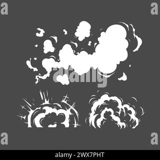 Vorlage für Vektorraucheffekte. Zeichentrick-Dampfwolken, Nebel, Bläschen, Nebel, wässriger Dampf, oder 2D-VFX-Illustration zur Staubexplosion. Bildelemente ausschneiden Stock Vektor