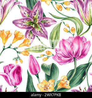 Aquarellblühendes nahtloses Muster mit Lilie, Tulpe, Freesie-Blüten. Nahtloses botanisches Blumenmuster mit handgezeichneten Blumen für Textilien und Stoff Stockfoto