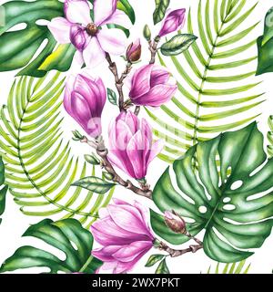 Aquarellblühendes nahtloses Muster mit Magnolien, tropischen Monstera und Dattelblättern. Botanisches tropisches nahtloses Muster für Textilien, Stoffe, Stockfoto
