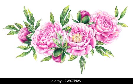 Aquarellstrauß aus rosa Pfingstrosen. Handgezeichnete Blumen, die mit Blüten, Knospen und Blättern blühen. Blumenstrauß für die Gestaltung des Hochzeitsprodukts Stockfoto