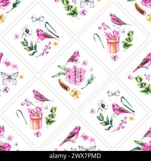Nahtloses geometrisches Muster mit Vögeln und Blumen. Handgezeichnetes nahtloses Muster mit Accessoires und Blumen zum Valentinstag für Textilien Stockfoto