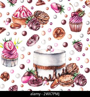 Nahtloses Aquarellmuster mit Süßigkeiten und Desserts. Handgezeichnetes köstliches Muster mit Kuchen, Cupcakes, Tartlets, Erdbeeren mit Schokoladenüberzug und Stockfoto