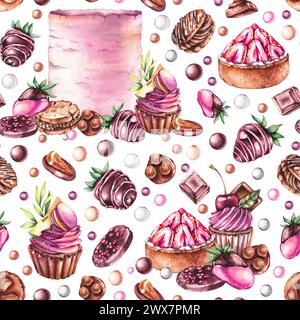 Nahtloses Aquarellmuster mit Süßigkeiten und Desserts. Handgezeichnetes köstliches Muster mit Kuchen, Cupcakes, Tartlets, Erdbeeren mit Schokoladenüberzug und Stockfoto