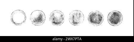 Handgezeichnete schattierte Kugeln. Einfache Skizzen von Kreisen mit schwarzem Stift und Tinte mit verschiedenen Schattierungsarten. Lehrbuch Schattierung, Handskizze Stock Vektor