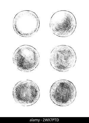 Handgezeichnete schattierte Kugeln. Einfache Skizzen von Kreisen mit schwarzem Stift und Tinte mit verschiedenen Schattierungsarten. Lehrbuch Schattierung, Handskizze Stock Vektor