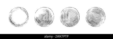 Handgezeichnete schattierte Kugeln. Einfache Skizzen von Kreisen mit schwarzem Stift und Tinte mit verschiedenen Schattierungsarten. Lehrbuch Schattierung, Handskizze Stock Vektor