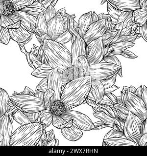 Blumen Nahtlose Muster . Linien-Magnolien-Illustrationen. Vintage-Gravur Mit Blumenschmuck Romantischer Hintergrund. Stock Vektor