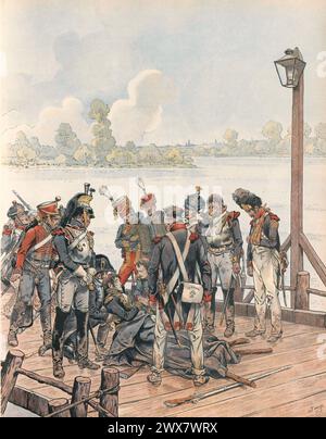 Napoleon I. trauert um den Marschall des Reiches Jean Lannes auf der Insel Lobau, zwei Tage nachdem er in der Schlacht von Aspern-Essling in Österreich tödlich verwundet wurde. 31. Mai 1809 Illustration von Job aus dem Buch „Napoléon“ von Georges Montorgueil, veröffentlicht 1921 bei Boivin (Paris). Stockfoto