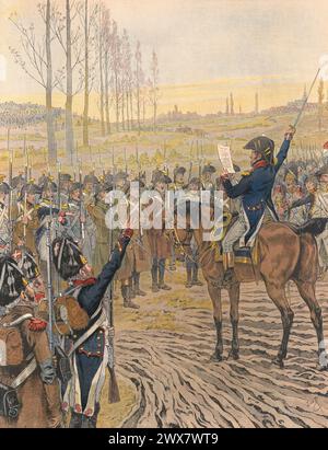 Die Proklamation Kaiser Napoleon I. verlor den Soldaten der Grande Armée während des deutschen Feldzugs von 1805. Illustration von Job aus dem Buch „Napoléon“ von Georges Montorgueil, veröffentlicht 1921 bei Boivin (Paris). Stockfoto