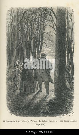 An jenem Abend fragte er seine Nichte, ob der Geruch von Tabak für sie unangenehm sei. Illustration aus Le Général Dourakine, geschrieben von der Gräfin von Ségur im Jahre 1863. Ausgabe 1884 illustriert von Emile Bayard und herausgegeben von Hachette. Stockfoto