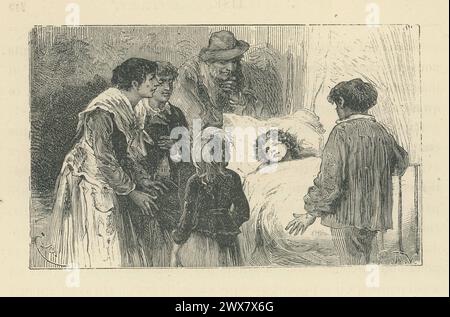 Als ich aufwachte, lag ich in einem Bett. Ich hatte dieses Zimmer noch nie gesehen, noch die Leute, die neben dem Bett standen." Teil I Kapitel XIX. Illustration aus „Sans Famille“, geschrieben von Hector Malot im Jahr 1878. Ausgabe 1880 illustriert von Emile Bayard und herausgegeben von Hetzel & Cie. Stockfoto