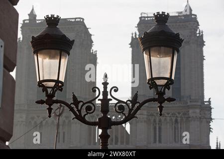 Frankreich, Paris, 4. Arrondissement, Île de la Cité, Kathedrale Notre Dame de Paris, gotische Kunst und Gothic Revival, Vorplatz, Fassade, Stockfoto