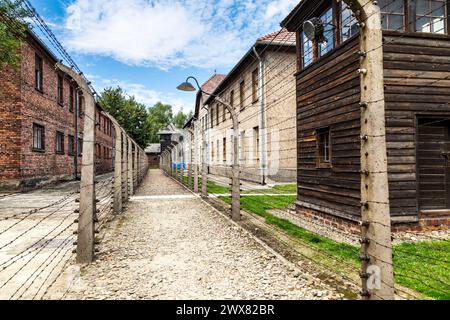 Stacheldrahtzäune im Konzentrationslager Auschwitz I, Polen Stockfoto