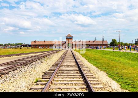 Eisenbahngleis und SS-Hauptwachhaus im ehemaligen Konzentrationslager Auschwitz-Birkenau, Polen Stockfoto
