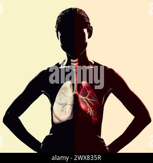 Röntgenansicht der Lunge und Luftröhre, Lungeninfektion durch den menschlichen Körper. Pneumonie. Covid-19. Coronavirus. 3D-Rendering Stockfoto