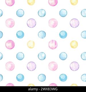 Blaue, rosa, gelbe Polka Dots. Mehrfarbiger Kreis in sanften Pastellfarben. Nahtloses Muster. Kreativer, minimalistischer Stil. Spritzer, Blasen, runde Kritzeleien Stockfoto