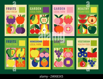 Sammlung von Plakaten mit Früchten. Illustrationen frischer ökologischer Erzeugnisse. Ideal für Werbung, Förderung gesunder Ernährung, Kochveranstaltungen Stock Vektor