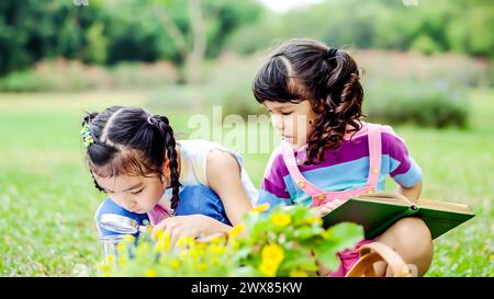 Zwei Kinder liegen auf Gras, vertieft in ein Buch Stockfoto