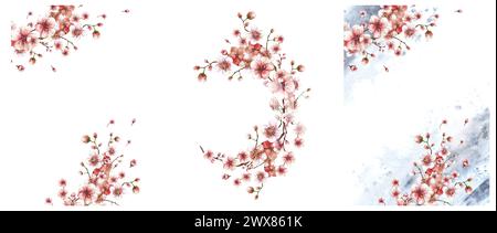 Zweig aus dem Frühling Sakura, Kirschbaum Karte, Kranzvorlage Illustration Hand gezeichnet Blüten Bäume, Knospen, Blumen auf grauen Aquarellflecken Spritzer Stockfoto