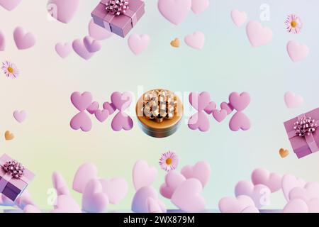 Muttertag. Inschrift Mutter aus Herzen und ein Geschenk. 3D-Rendering Stockfoto