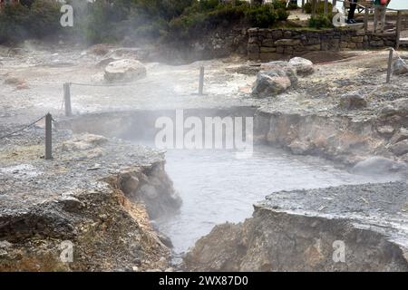 Kochendes Wasser, das Dampf abgibt, in Las Furnas auf der Insel San Miguel auf den Azoren Portugal Stockfoto
