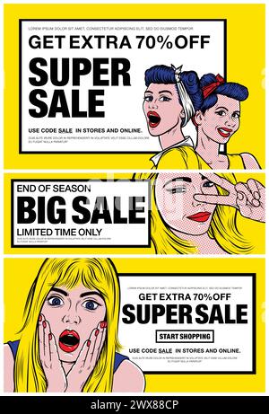 „Holen Sie Sich 70 % Rabatt. Super Sale. Verwenden Sie Code Sale in Geschäften und Online-Banner mit überraschtem Blondine Girl (Retro-Comic-Art) im Pop-Art-Stil. Stock Vektor