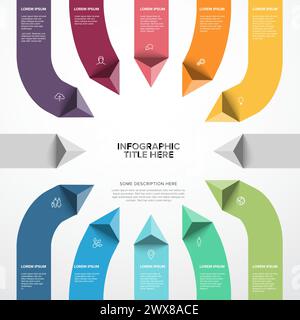 Vektor-Mehrzweck-Infografik-Vorlage aus Titel im großen Kreis und vertikalen Pfeilen in zehn Farbpyramiden in Streifen mit Symbolen, Titeln und des Stock Vektor