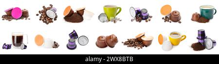 Gruppe von Kaffeepads auf weißem Hintergrund Stockfoto