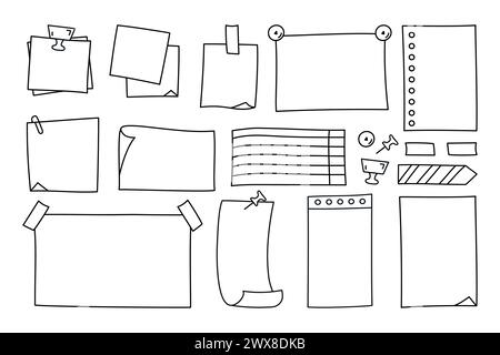 Kritzeln Sie Papierbögen, Aufkleber und Stifte. Für Notizen, To-do-Liste und Notizen. Vektorabbildung Stock Vektor