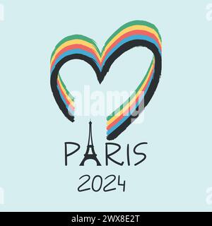 Design der Olympischen Sportspiele 2024 in Paris. Hintergrund mit gebürstetem Herz und Eiffelturm-Silhouette. Vektorabbildung Stock Vektor
