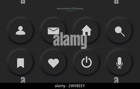 Eine Sammlung von Schaltflächen für Mobilgeräte im Stil von Pneumorphismus, UI, UX. Stock Vektor