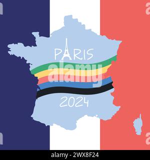 Design der Olympischen Sportspiele 2024 in Paris. Silhouette und Flagge des Eiffelturms in den Farben der Olympischen Ringe. Hintergrund in Frankreich Flaggenfarben. Vektorabbildung Stock Vektor