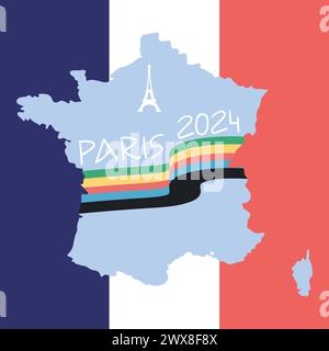 Design der Olympischen Sportspiele 2024 in Paris. Silhouette des Eiffelturms und der Flagge in den Farben der Olympischen Ringe. Hintergrund in Frankreich Flaggenfarben. Vektorillustrat Stock Vektor