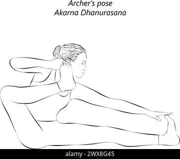 Skizze einer Frau, die Yoga macht Akarna Dhanurasana. Archer s Pose. Bogen- und Pfeilposition oder Schießen Bogenstellung. Isolierte Vektordarstellung. Stock Vektor