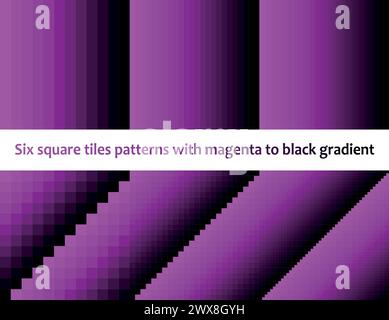 Magenta bis Schwarz in quadratischen Fliesen, nahtloses Vektormuster, monochromatisch, 6er-Sammlung Stock Vektor