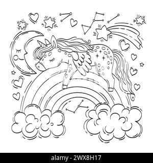 Niedliches Einhorn schläft auf einem Regenbogen, umgeben von Wolken und Mond. Vektor-Illustration für Kinder Malbuch Stock Vektor