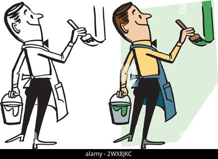 Ein Vintage-Retro-Cartoon eines Mannes auf einer Schürze, der mit einem Pinsel eine Wand malt. Stock Vektor