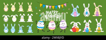 Happy Easter Set mit Eiern und Häschen Stock Vektor