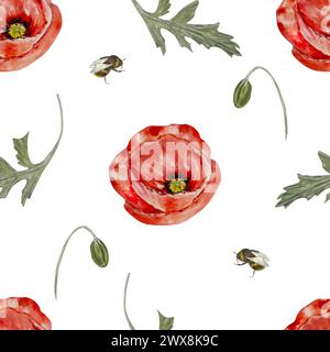 Nahtloses Aquarellmuster. Illustration mit rotem Mohn und Blättern auf weißem Hintergrund. Botanische Textur, Papier Stockfoto